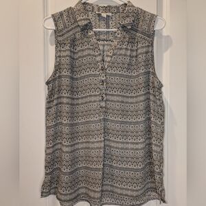 Dana Buchman Sleeveless Blouse Large Black Tan Print Button Front Top